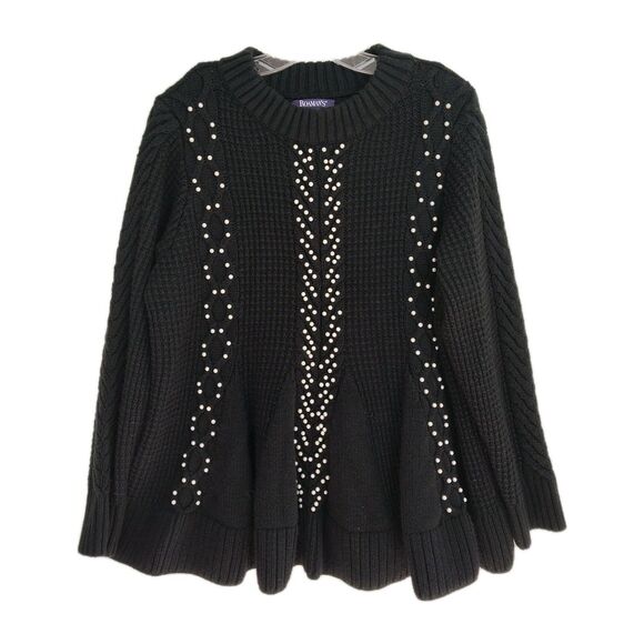 Roaman's Sweater Women's 14/16 Black Pearl Accents Cable Knit Pullover Crew - Picture 1 of 9